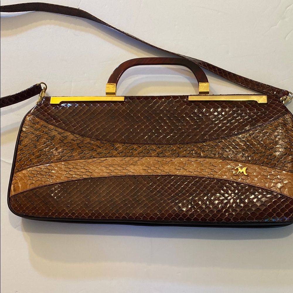 Rare Vintage 70’s Melusso Brown and Tan Snakeskin Handbag with Lucite Handle